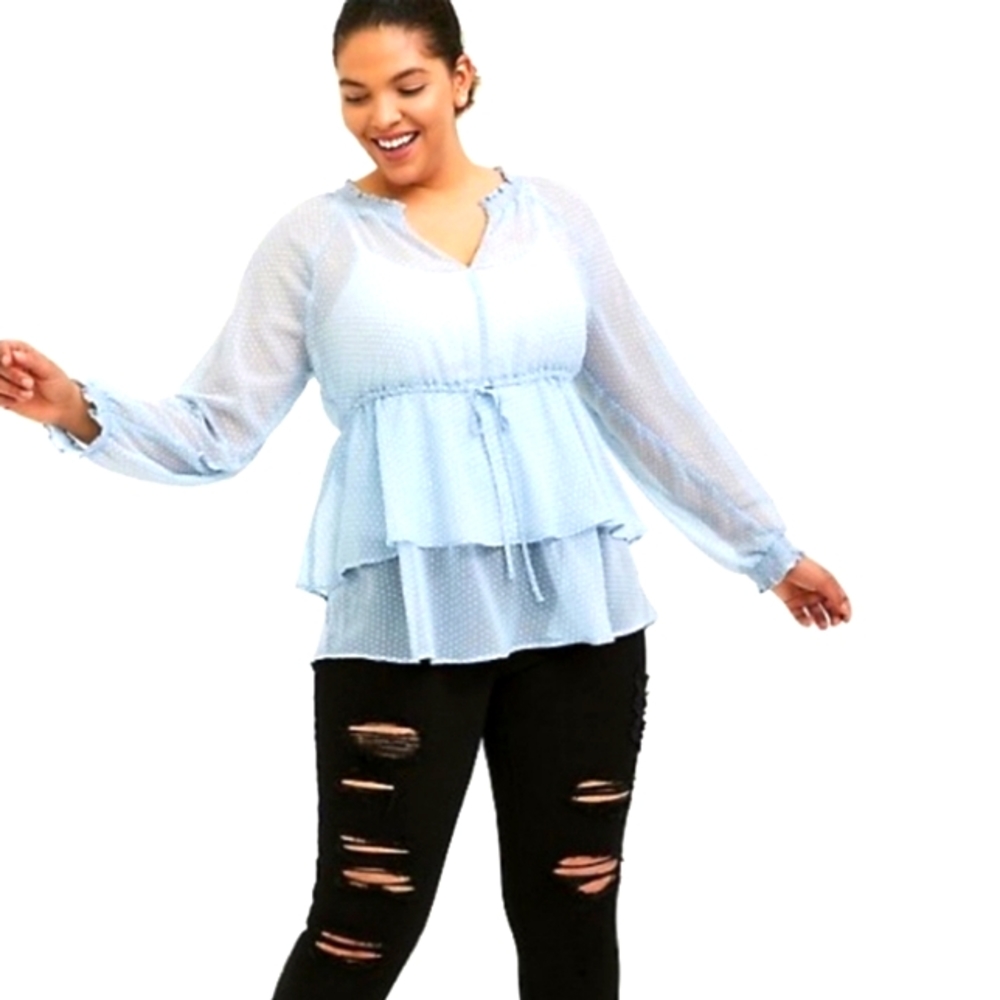 Torrid Light Blue Swiss Dot Layered Peasant Blouse Size 1 (1X)  EUC